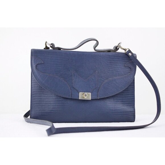 Vintage blue leather crossbody purse, snake imprint handbag two way handbag - Picture 2 of 10